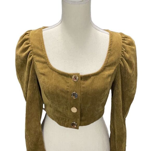 NWT Zara Gold Corduroy Cropped Button Front Long Peasant Sleeve Top Size XS - Picture 2 of 6